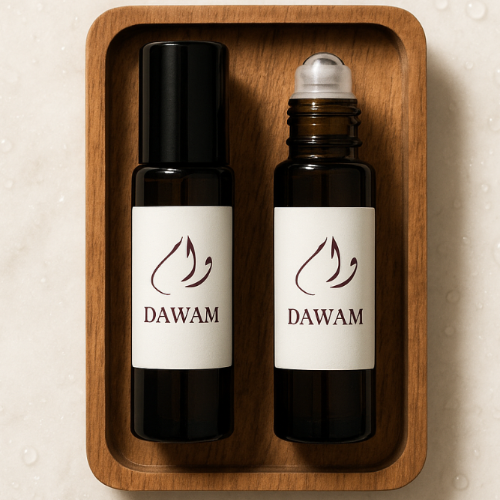 Two bottles of DAWAM on a wooden tray with a beige background